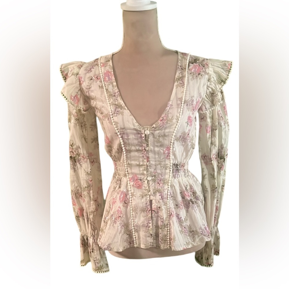 ASOS Pink and Cream Peplum Blouse with Bishop Sleeves​